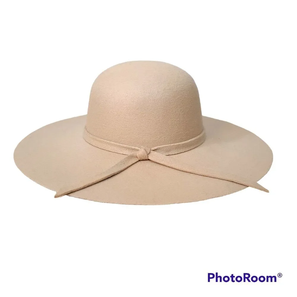 NEW Bohemian Wide Brim Tan Felt Hat Adjustable Tie Casual Festival Countryside